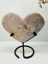 Load image into Gallery viewer, Pink Amethyst Crystal heart on black display stand