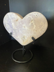 Pink Amethyst Crystal heart on black display stand