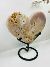 Load image into Gallery viewer, Pink Amethyst Crystal heart on black display stand