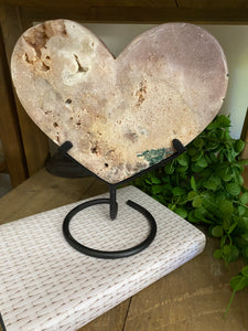 Pink Amethyst Crystal heart on black display stand