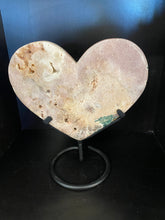 Load image into Gallery viewer, Pink Amethyst Crystal heart on black display stand