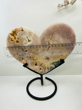 Load image into Gallery viewer, Pink Amethyst Crystal heart on black display stand