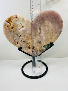 Pink Amethyst Crystal heart on black display stand