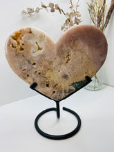 Load image into Gallery viewer, Pink Amethyst Crystal heart on black display stand