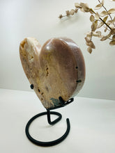 Load image into Gallery viewer, Pink Amethyst Crystal heart on black display stand