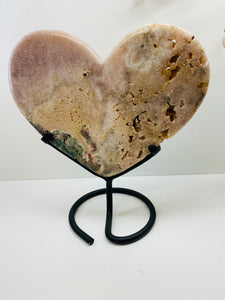 Pink Amethyst Crystal heart on black display stand