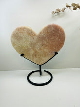 Load image into Gallery viewer, Pink Amethyst Crystal heart on black display stand