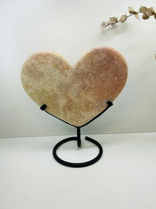 Pink Amethyst Crystal heart on black display stand