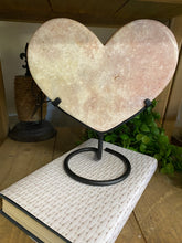 Load image into Gallery viewer, Pink Amethyst Crystal heart on black display stand