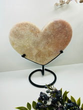 Load image into Gallery viewer, Pink Amethyst Crystal heart on black display stand