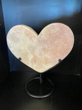 Load image into Gallery viewer, Pink Amethyst Crystal heart on black display stand