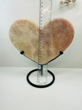 Load image into Gallery viewer, Pink Amethyst Crystal heart on black display stand