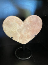 Load image into Gallery viewer, Pink Amethyst Crystal heart on black display stand