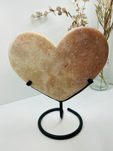 Load image into Gallery viewer, Pink Amethyst Crystal heart on black display stand