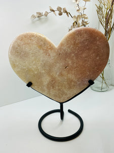 Pink Amethyst Crystal heart on black display stand