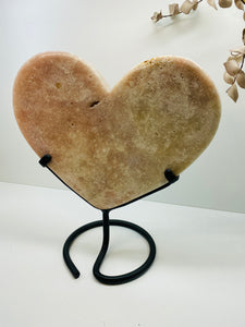 Pink Amethyst Crystal heart on black display stand