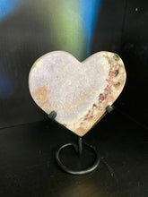 Load image into Gallery viewer, Pink Amethyst Crystal heart on black display stand