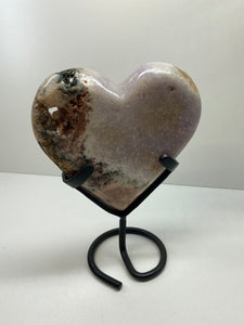 Pink Amethyst Crystal heart on black display stand