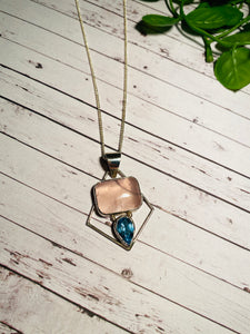 Rose Quartz and Blue Topaz sterling silver pendant - necklace