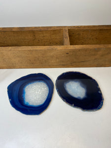 Set of 2 Blue polished Agate Slice drink coasters