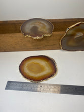 Load image into Gallery viewer, Set of 3 Natural polished Agate Slice drink coasters with Gold Electroplating around the edges