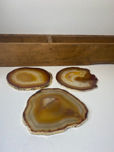 Set of 3 Natural polished Agate Slice drink coasters with Gold Electroplating around the edges
