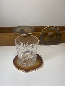 Set of 3 Natural polished Agate Slice drink coasters with Gold Electroplating around the edges