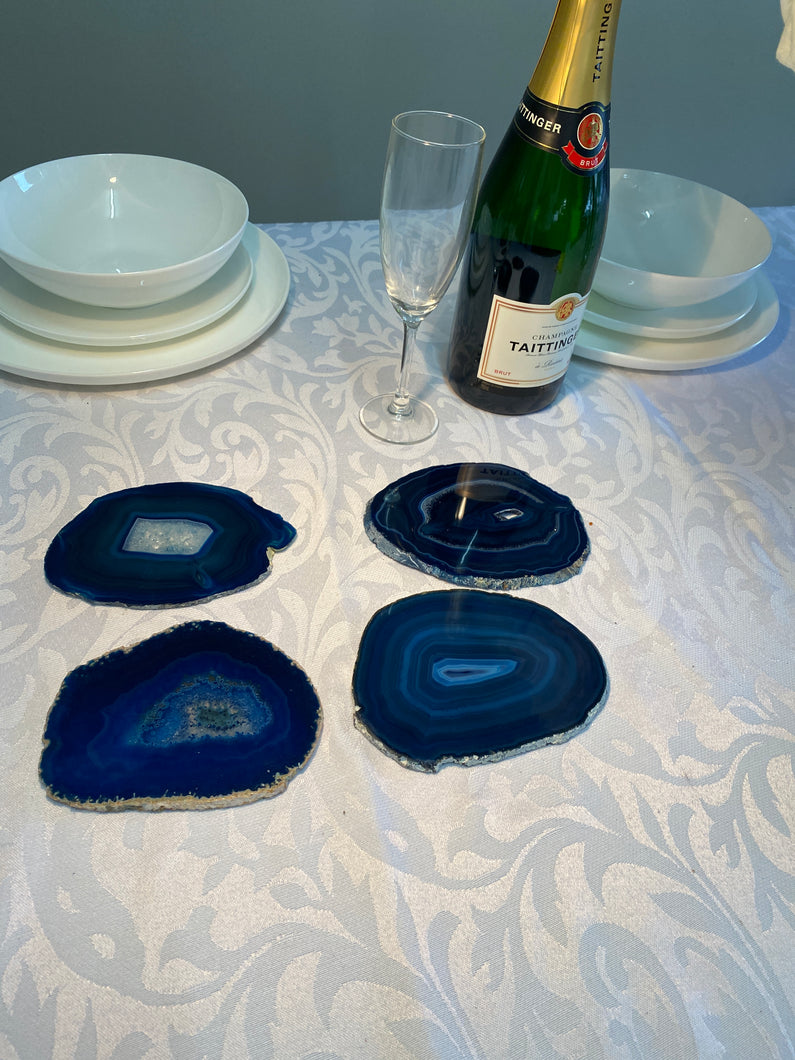 Set of 4 Blue polished Agate Slice drink coasters 21