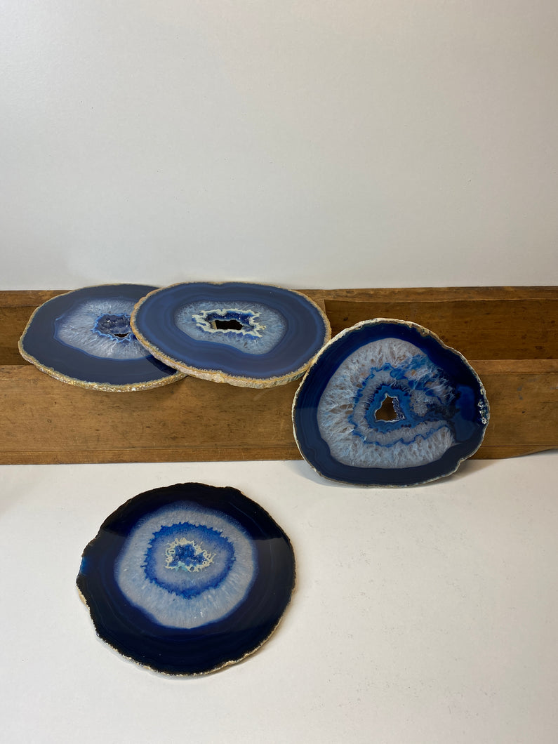 Set of 4 Blue polished Agate Slice drink coasters 32