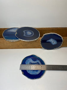 Set of 4 Blue polished Agate Slice drink coasters with Silver Electroplating around the edges 01