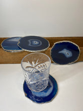 Load image into Gallery viewer, Set of 4 Blue polished Agate Slice drink coasters with Silver Electroplating around the edges 01