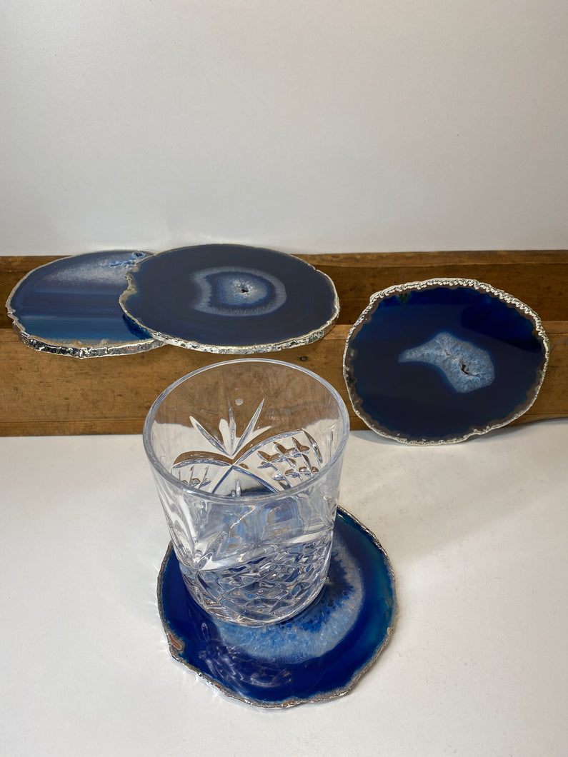 Set of 4 Blue polished Agate Slice drink coasters with Silver Electroplating around the edges 01