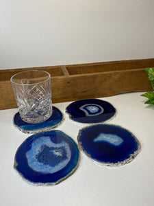 Set of 4 Blue polished Agate Slice drink coasters with Silver Electroplating around the edges 01