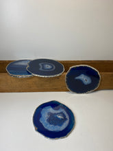 Load image into Gallery viewer, Set of 4 Blue polished Agate Slice drink coasters with Silver Electroplating around the edges 01