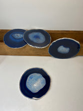 Load image into Gallery viewer, Set of 4 Blue polished Agate Slice drink coasters with Silver Electroplating around the edges 02