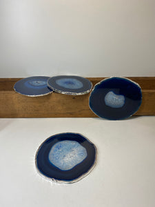 Set of 4 Blue polished Agate Slice drink coasters with Silver Electroplating around the edges 02