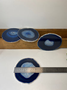 Set of 4 Blue polished Agate Slice drink coasters with Silver Electroplating around the edges 02