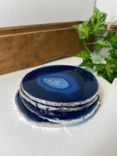 Load image into Gallery viewer, Set of 4 Blue polished Agate Slice drink coasters with Silver Electroplating around the edges 02