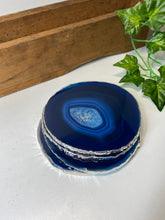 Load image into Gallery viewer, Set of 4 Blue polished Agate Slice drink coasters with Silver Electroplating around the edges 02