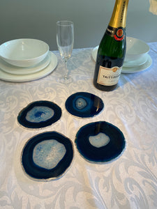 Set of 4 Blue polished Agate Slice drink coasters with Silver Electroplating around the edges 02