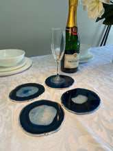 Load image into Gallery viewer, Set of 4 Blue polished Agate Slice drink coasters with Silver Electroplating around the edges 02