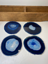 Load image into Gallery viewer, Set of 4 Blue polished Agate Slice drink coasters with Silver Electroplating around the edges 02