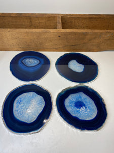 Set of 4 Blue polished Agate Slice drink coasters with Silver Electroplating around the edges 02