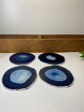 Load image into Gallery viewer, Set of 4 Blue polished Agate Slice drink coasters with Silver Electroplating around the edges 02