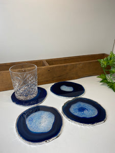 Set of 4 Blue polished Agate Slice drink coasters with Silver Electroplating around the edges 02