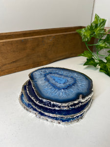 Set of 4 Blue polished Agate Slice drink coasters with Silver Electroplating around the edges 04