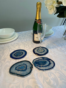 Set of 4 Blue polished Agate Slice drink coasters with Silver Electroplating around the edges 04