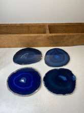 Load image into Gallery viewer, Set of 4 Blue polished Agate Slice drink coasters with Silver Electroplating around the edges 06
