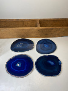 Set of 4 Blue polished Agate Slice drink coasters with Silver Electroplating around the edges 06