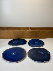 Set of 4 Blue polished Agate Slice drink coasters with Silver Electroplating around the edges 06